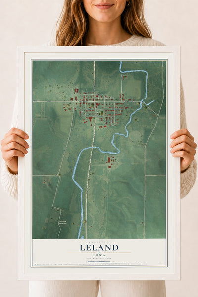 Map of Leland, Iowa, 18 x 24 inch print in a white wood frame