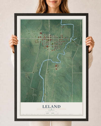 Map of Leland, Iowa, 24 x 36 inch print in a black wood frame