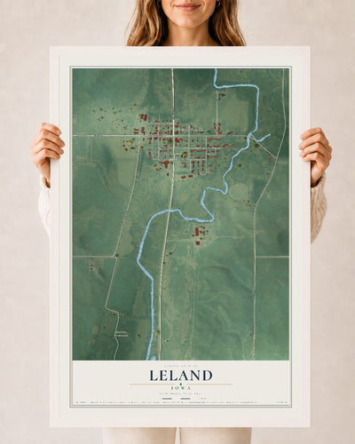 Map of Leland, Iowa, 24 x 36 inch print in a white wood frame