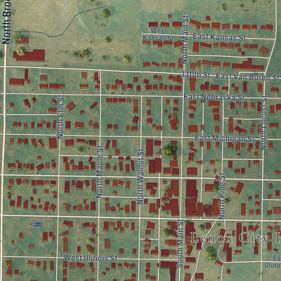 Close-up of the map of Lenox, Iowa print showing street and building detail