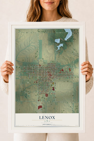 Map of Lenox, Iowa, 18 x 24 inch print in a white wood frame
