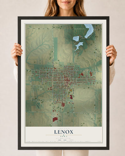 Map of Lenox, Iowa, 24 x 36 inch print in a black wood frame