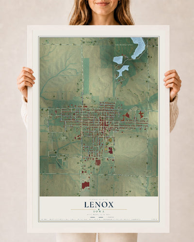 Map of Lenox, Iowa, 24 x 36 inch print in a white wood frame