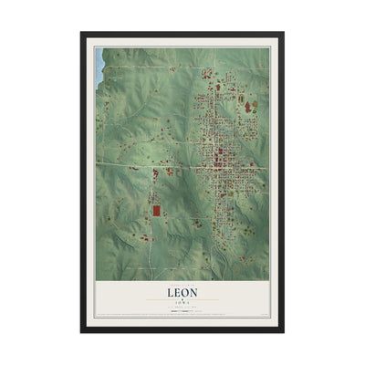 Map of Leon, Iowa, 12 x 18 inch print in a black wood frame