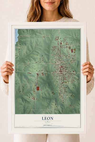 Map of Leon, Iowa, 18 x 24 inch print in a white wood frame