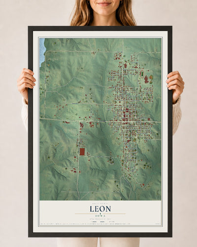 Map of Leon, Iowa, 24 x 36 inch print in a black wood frame