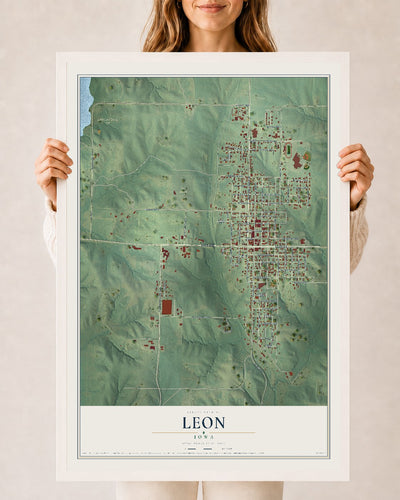 Map of Leon, Iowa, 24 x 36 inch print in a white wood frame