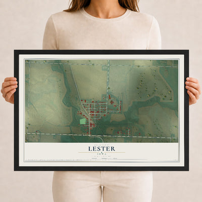 Map of Lester, Iowa, 12 x 18 inch print in a black wood frame