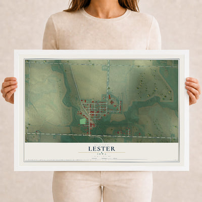 Map of Lester, Iowa, 12 x 18 inch print in a white wood frame