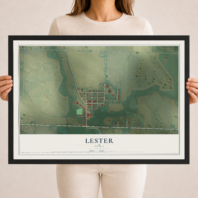 Map of Lester, Iowa, 18 x 24 inch print in a black wood frame