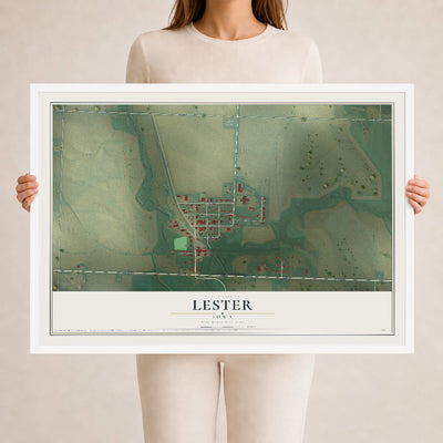 Map of Lester, Iowa, 24 x 36 inch print in a white wood frame