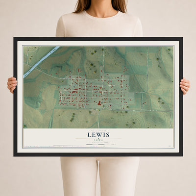 Map of Lewis, Iowa, 24 x 36 inch print in a black wood frame