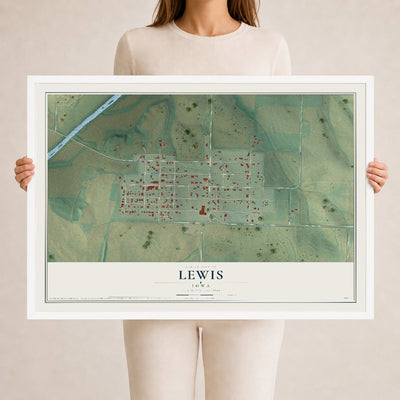 Map of Lewis, Iowa, 24 x 36 inch print in a white wood frame