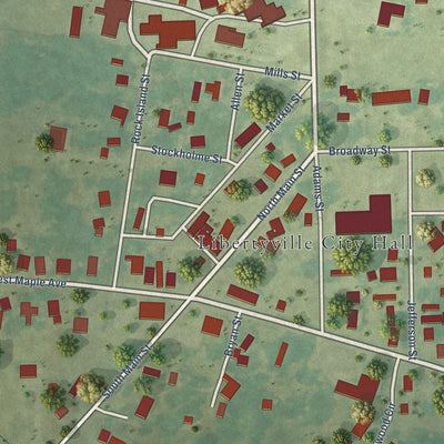 Close-up of the map of Libertyville, Iowa print showing street and building detail