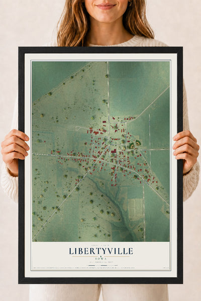 Map of Libertyville, Iowa, 18 x 24 inch print in a black wood frame