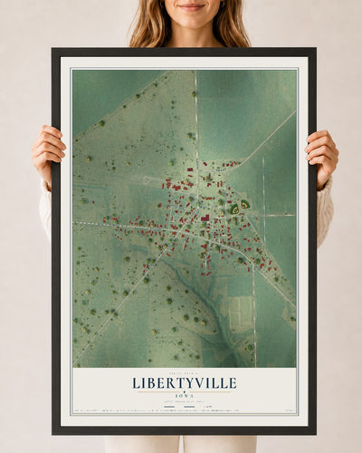 Map of Libertyville, Iowa, 24 x 36 inch print in a black wood frame