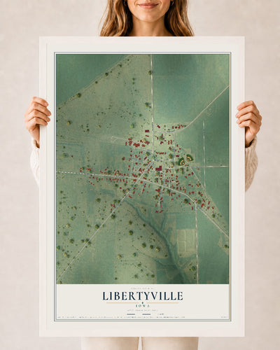 Map of Libertyville, Iowa, 24 x 36 inch print in a white wood frame