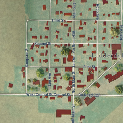 Close-up of the map of Lidderdale, Iowa print showing street and building detail