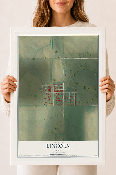 Map of Lincoln, Iowa, 18 x 24 inch print in a white wood frame