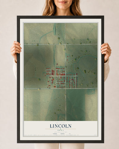 Map of Lincoln, Iowa, 24 x 36 inch print in a black wood frame