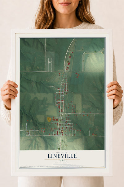 Map of Lineville, Iowa, 18 x 24 inch print in a white wood frame