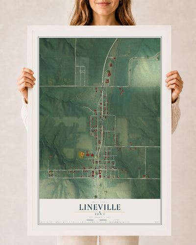 Map of Lineville, Iowa, 24 x 36 inch print in a white wood frame
