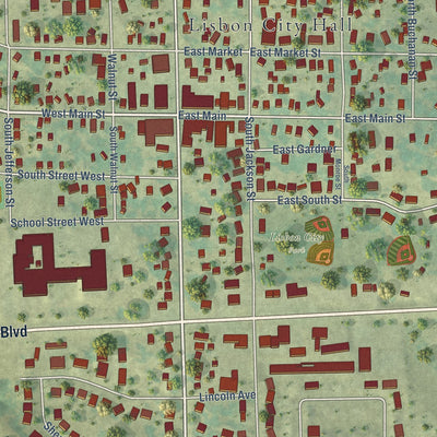 Close-up of the map of Lisbon, Iowa print showing street and building detail