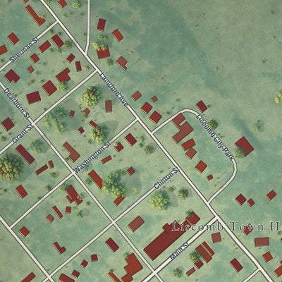 Close-up of the map of Liscomb, Iowa print showing street and building detail