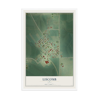 Map of Liscomb, Iowa, 12 x 18 inch print in a white wood frame