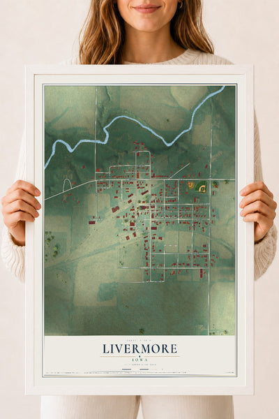 Map of Livermore, Iowa, 18 x 24 inch print in a white wood frame