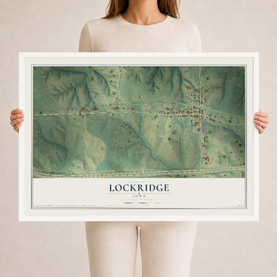 Map of Lockridge, Iowa, 24 x 36 inch print in a white wood frame
