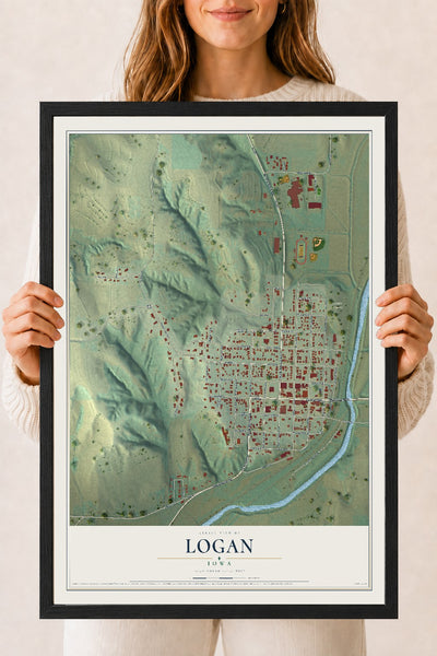Map of Logan, Iowa, 18 x 24 inch print in a black wood frame