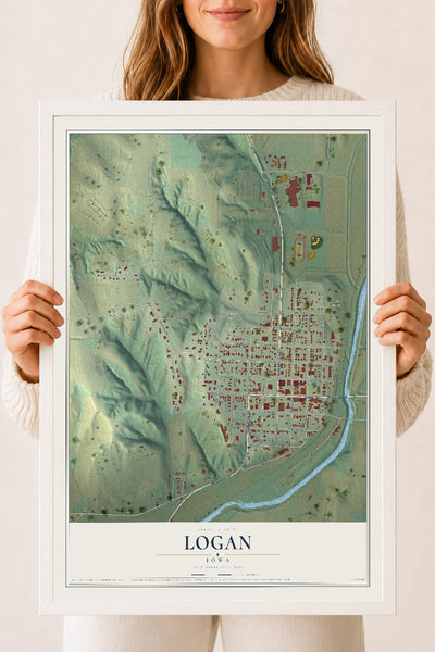 Map of Logan, Iowa, 18 x 24 inch print in a white wood frame