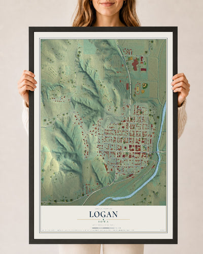 Map of Logan, Iowa, 24 x 36 inch print in a black wood frame