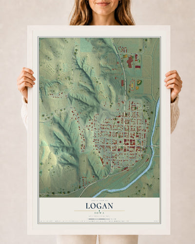 Map of Logan, Iowa, 24 x 36 inch print in a white wood frame
