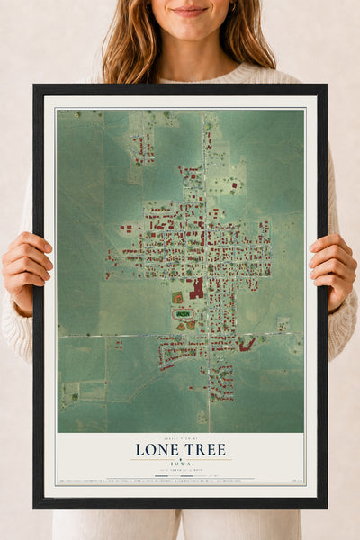 Map of Lone Tree, Iowa, 18 x 24 inch print in a black wood frame