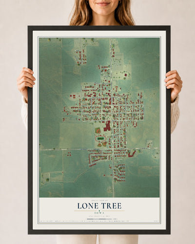 Map of Lone Tree, Iowa, 24 x 36 inch print in a black wood frame