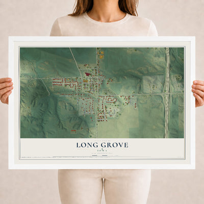 Map of Long Grove, Iowa, 18 x 24 inch print in a white wood frame