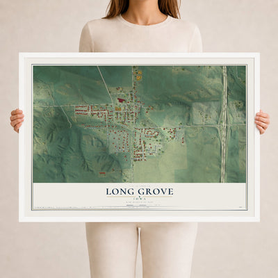 Map of Long Grove, Iowa, 24 x 36 inch print in a white wood frame
