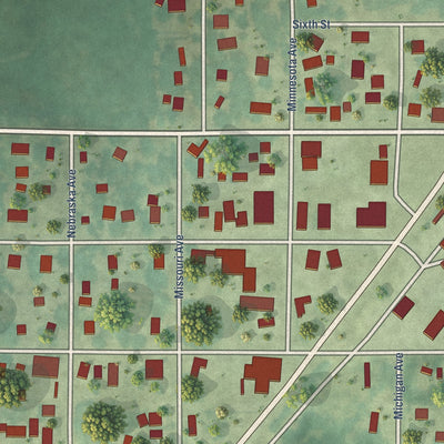 Close-up of the map of Lorimor, Iowa print showing street and building detail