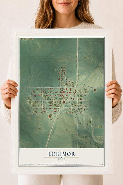 Map of Lorimor, Iowa, 18 x 24 inch print in a white wood frame