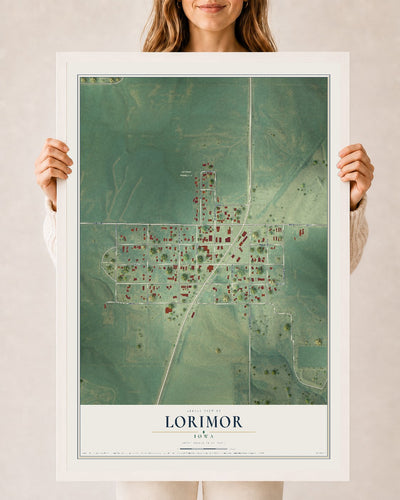 Map of Lorimor, Iowa, 24 x 36 inch print in a white wood frame