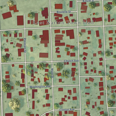 Close-up of the map of Lost Nation, Iowa print showing street and building detail