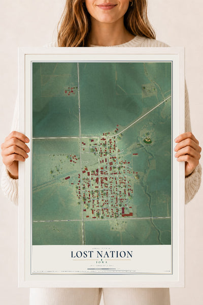 Map of Lost Nation, Iowa, 18 x 24 inch print in a white wood frame