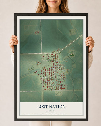 Map of Lost Nation, Iowa, 24 x 36 inch print in a black wood frame