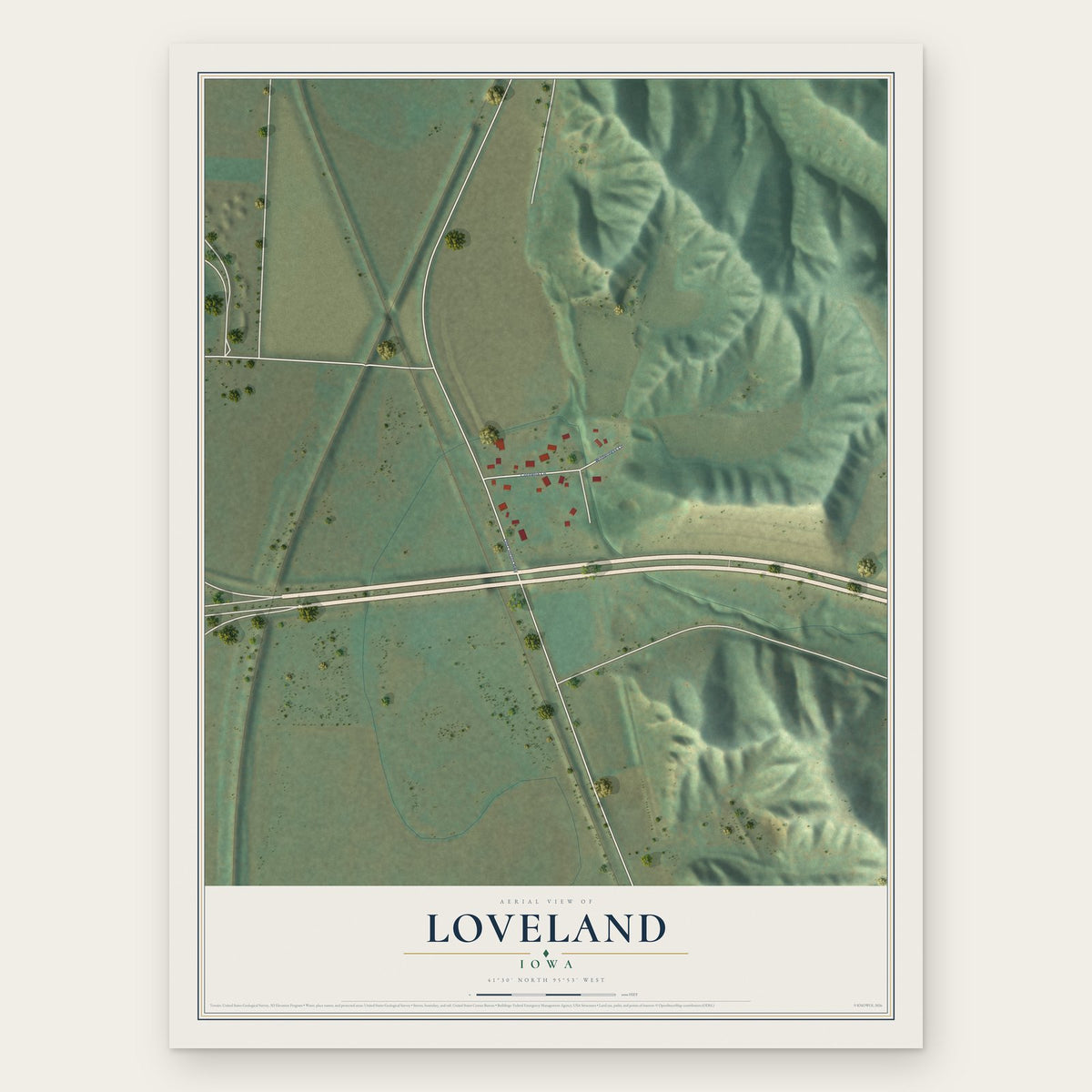 Loveland, Iowa map print, the full design