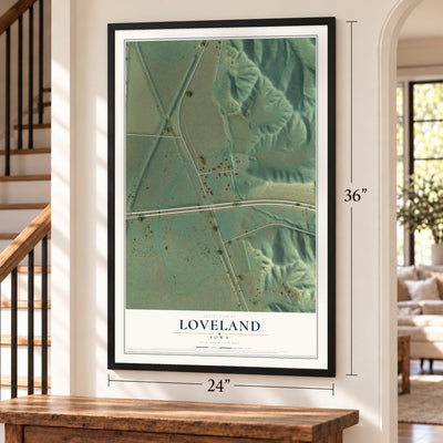 Loveland, Iowa map, 24 x 36 inch print in a black frame by a staircase