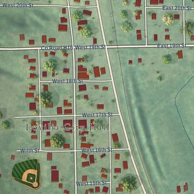 Close-up of the map of Lovilia, Iowa print showing street and building detail