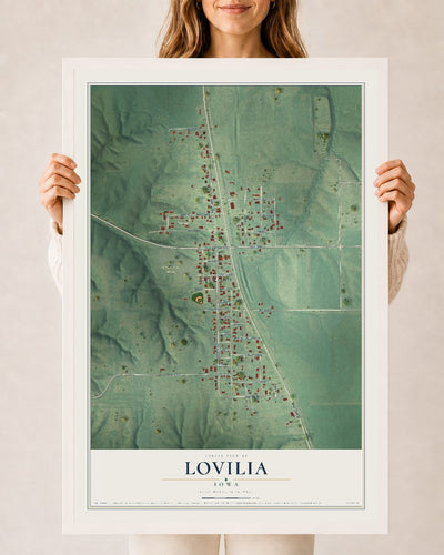 Map of Lovilia, Iowa, 24 x 36 inch print in a white wood frame