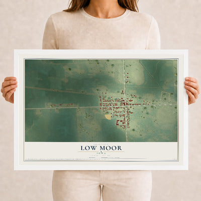 Map of Low Moor, Iowa, 12 x 18 inch print in a white wood frame